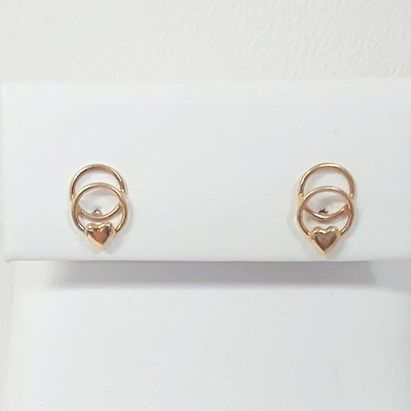 14K Double Ring w/ Hearts Post Earrings