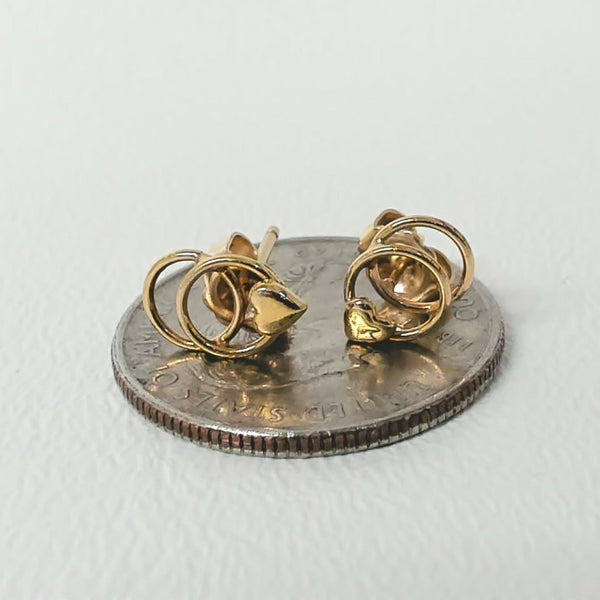 14K Double Ring w/ Hearts Post Earrings
