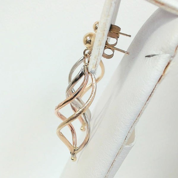 14K Tri-Color Post Twist Dangle Earrings