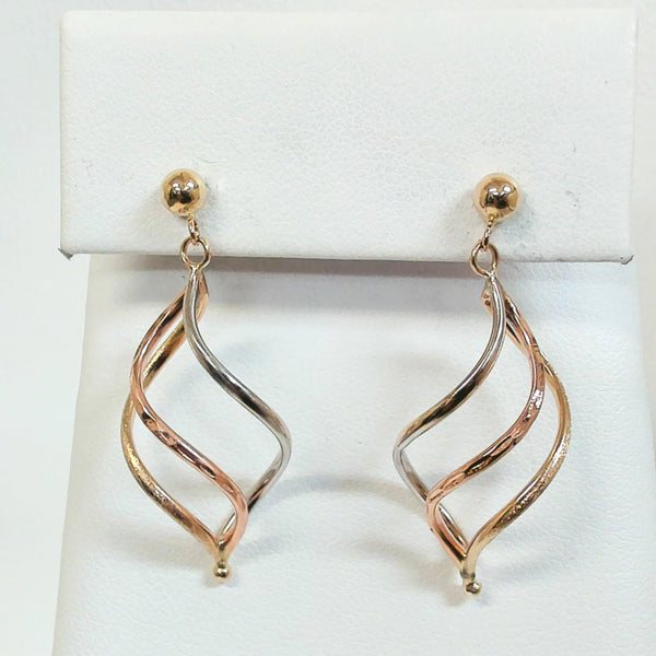 14K Tri-Color Post Twist Dangle Earrings
