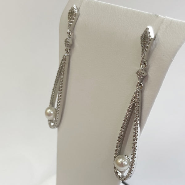 Sterling Silver Fresh Water Pearl & Cubic Zirconia Teardrop Dangle Earrings