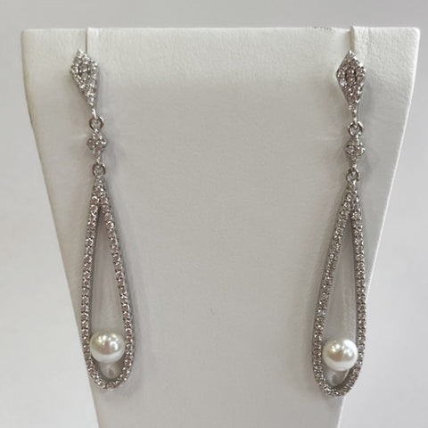 Sterling Silver Fresh Water Pearl & Cubic Zirconia Teardrop Dangle Earrings