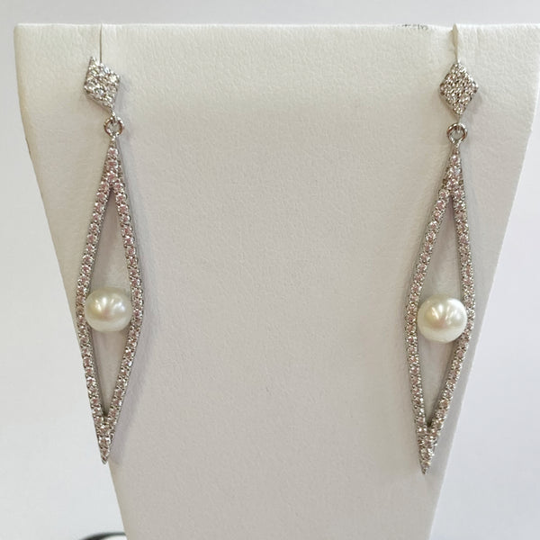 Sterling Silver Fresh Water Pearl & Cubic Zirconia Diamond-Shaped Dangle Earrings