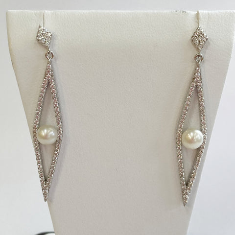 Sterling Silver Fresh Water Pearl & Cubic Zirconia Diamond-Shaped Dangle Earrings
