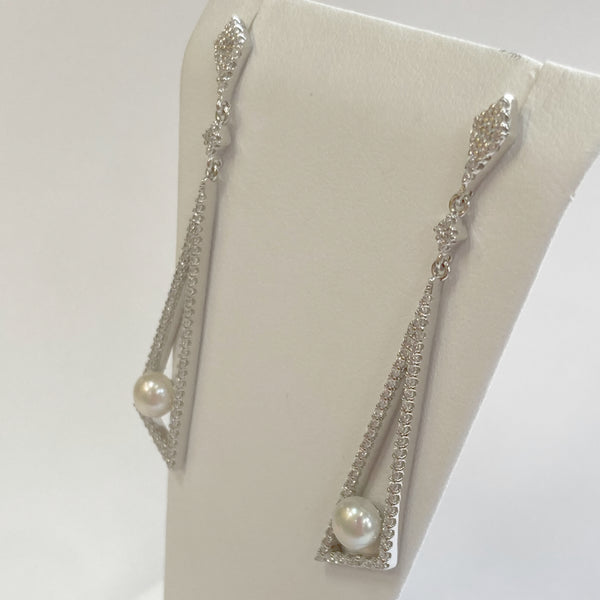 Sterling Silver Fresh Water Pearl & Cubic Zirconia Geometric-Shaped Dangle Earrings