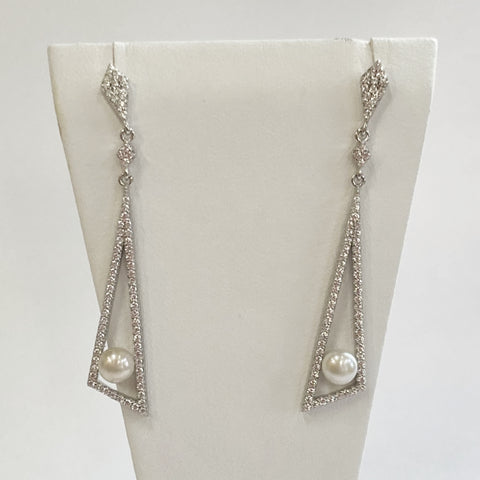 Sterling Silver Fresh Water Pearl & Cubic Zirconia Geometric-Shaped Dangle Earrings