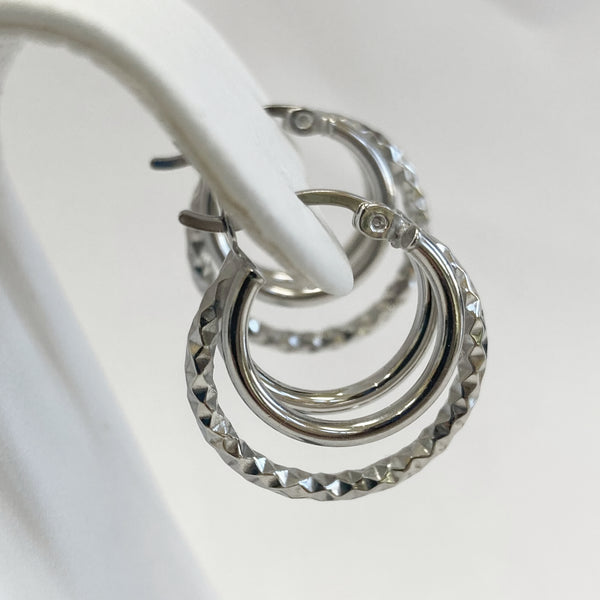 Sterling Silver Polished & Diamond-Cut Triple Hoop Earrings