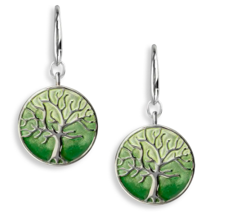 Sterling Silver Green Tree of Life Enamel Wire Earrings