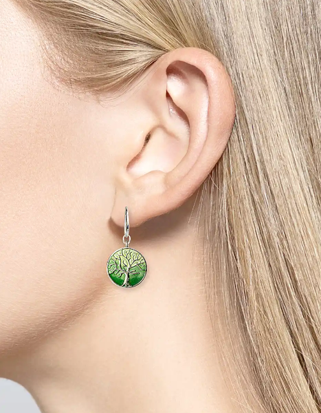 Sterling Silver Green Tree of Life Enamel Wire Earrings