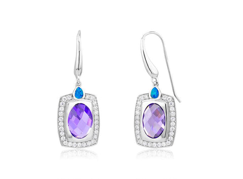 Sterling Tanzanite, CZ & Synthetic Opal Dangle Earrings