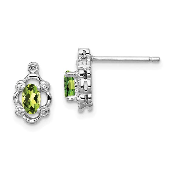 Sterling Silver Oval Peridot & Diamond Post Earrings