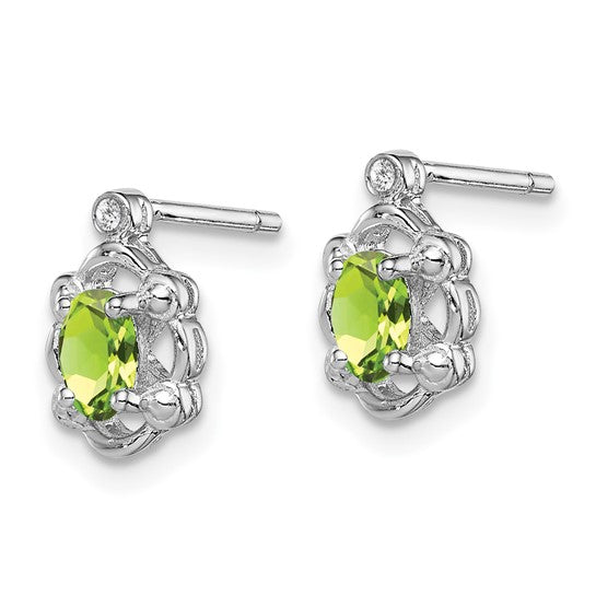 Sterling Silver Oval Peridot & Diamond Post Earrings