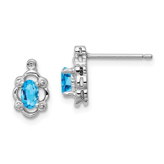 Sterling Silver Oval Swiss Light Blue Topaz & Diamond Post Earrings