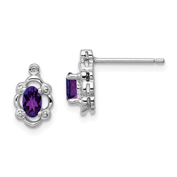 Sterling Silver Oval Amethyst & Diamond Post Earrings