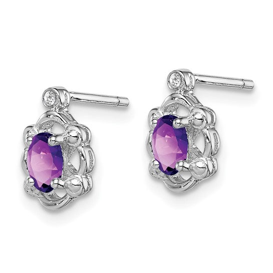 Sterling Silver Oval Amethyst & Diamond Post Earrings