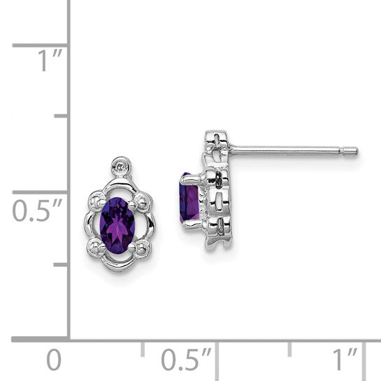 Sterling Silver Oval Amethyst & Diamond Post Earrings