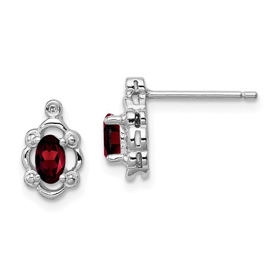 Sterling Silver Oval Garnet & Diamond Post Earrings