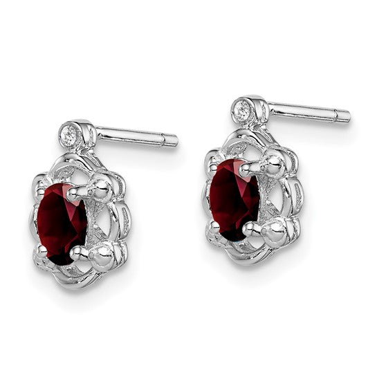 Sterling Silver Oval Garnet & Diamond Post Earrings