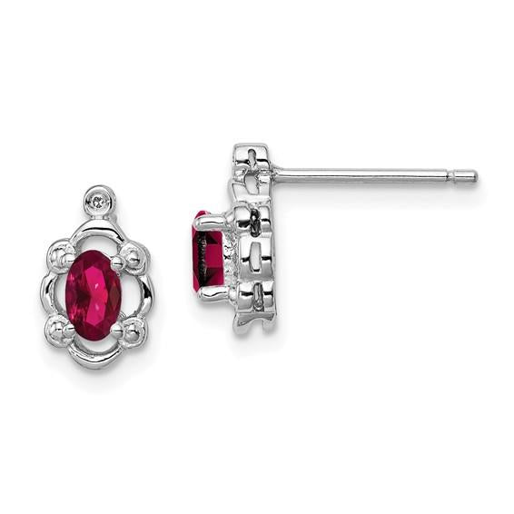 Sterling Silver Oval Ruby & Diamond Post Earrings