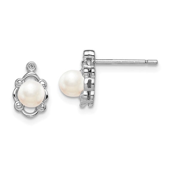 Sterling Silver Round Freshwater Pearl & Diamond Post Earrings