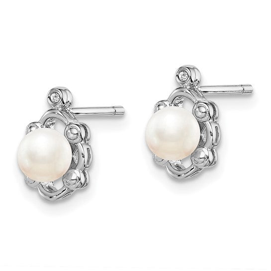 Sterling Silver Round Freshwater Pearl & Diamond Post Earrings