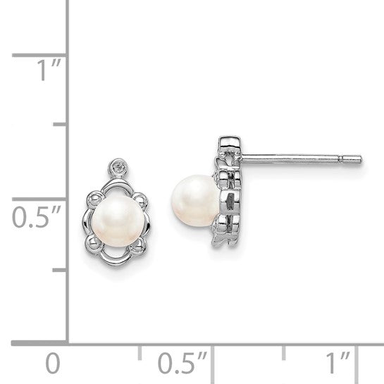 Sterling Silver Round Freshwater Pearl & Diamond Post Earrings