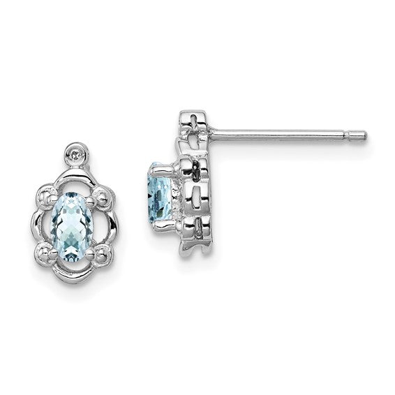 Sterling Silver Oval Aquamarine & Diamond Post Earrings