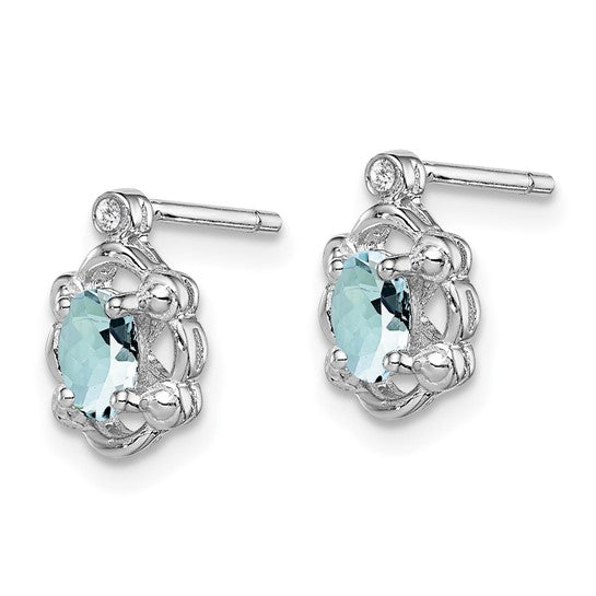 Sterling Silver Oval Aquamarine & Diamond Post Earrings