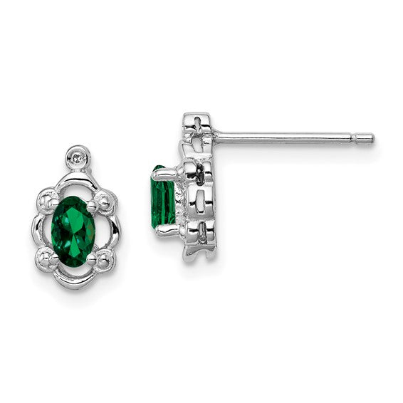 Sterling Silver Oval Emerald & Diamond Post Earrings