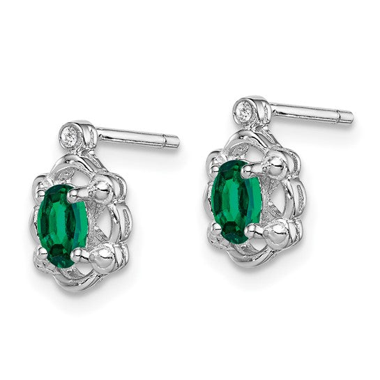 Sterling Silver Oval Emerald & Diamond Post Earrings