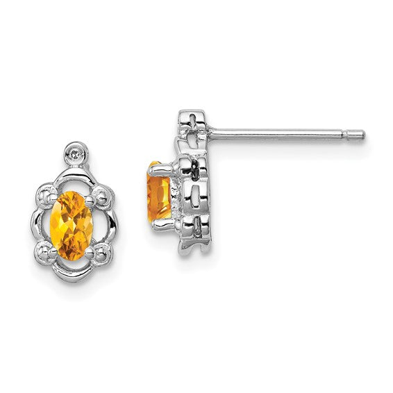 Sterling Silver Oval Citrine & Diamond Post Earrings
