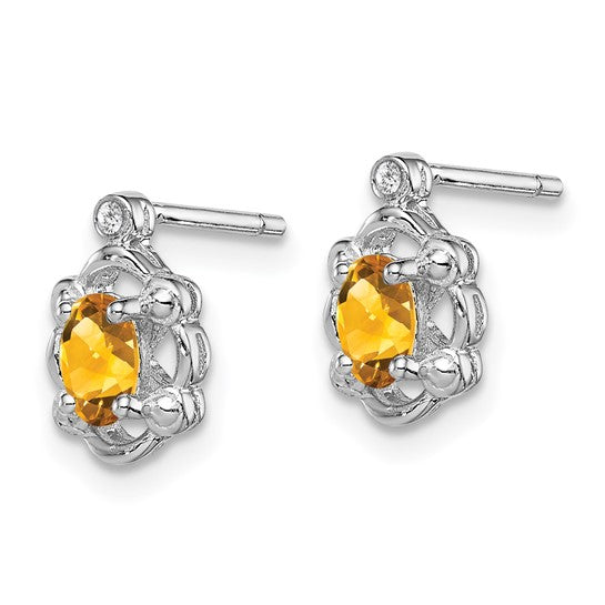 Sterling Silver Oval Citrine & Diamond Post Earrings