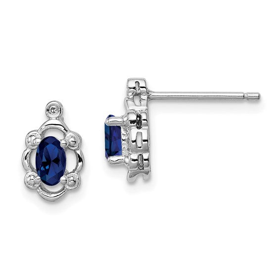 Sterling Silver Oval Created Sapphire & Diamond Post Earrings