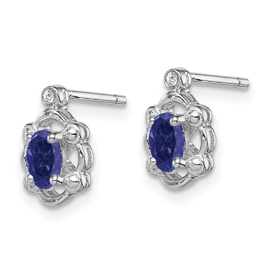 Sterling Silver Oval Created Sapphire & Diamond Post Earrings
