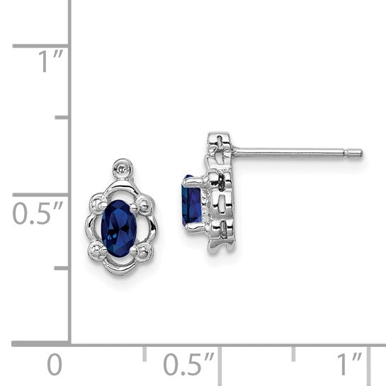 Sterling Silver Oval Created Sapphire & Diamond Post Earrings