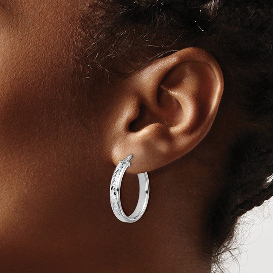 Sterling Silver Polished & Diamond-Cut Medium Round Hoop Earrings