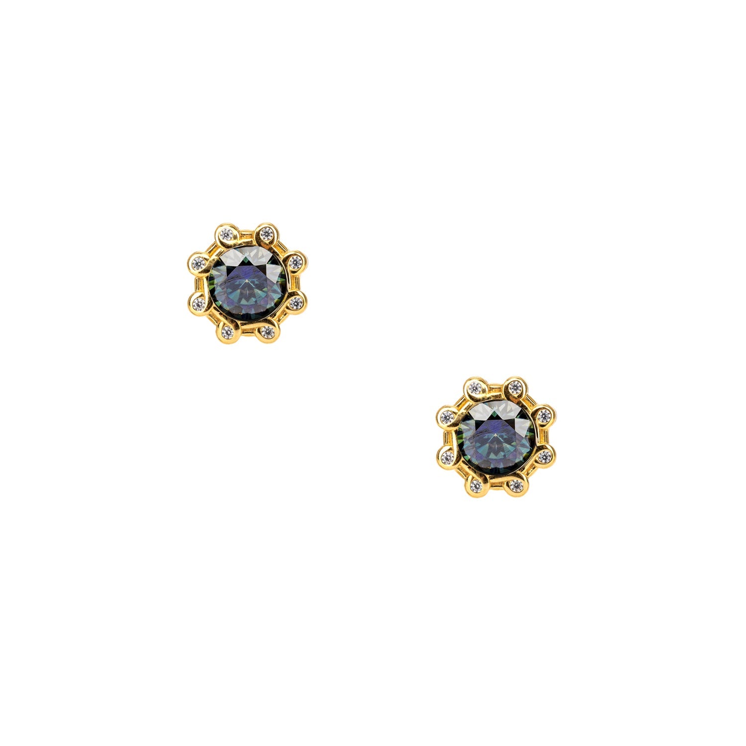 Sterling & 23K Gilded Mystic Blue Moissanite & CZ Celestial Earrings