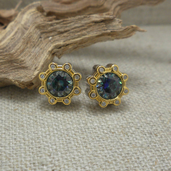 Sterling & 23K Gilded Mystic Blue Moissanite & CZ Celestial Earrings