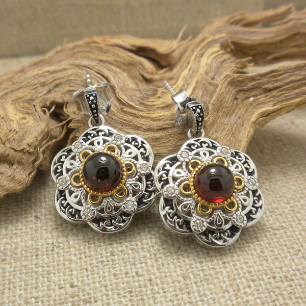 Sterling & 23K Gilded Garnet & CZ Celestial Earrings