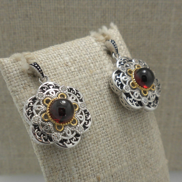 Sterling & 23K Gilded Garnet & CZ Celestial Earrings