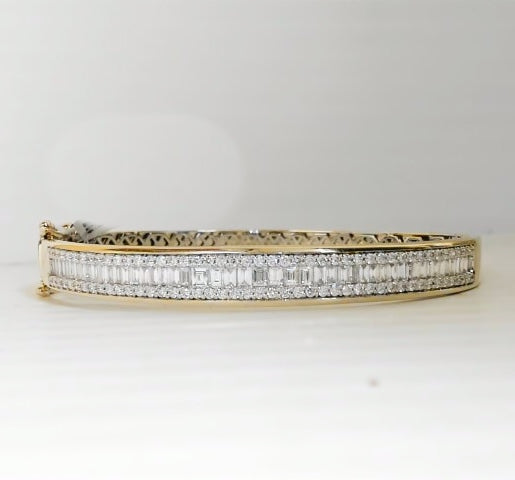 14K Baguette & Round Diamond Wide Bangle Bracelet