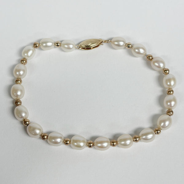 7" 14K Oval Freshwater Pearl & Gold Bead Bracelet