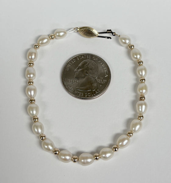 7" 14K Oval Freshwater Pearl & Gold Bead Bracelet
