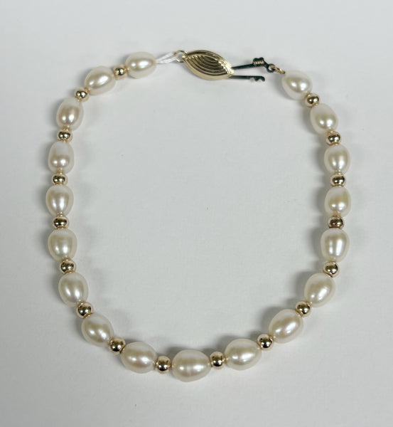 7" 14K Oval Freshwater Pearl & Gold Bead Bracelet