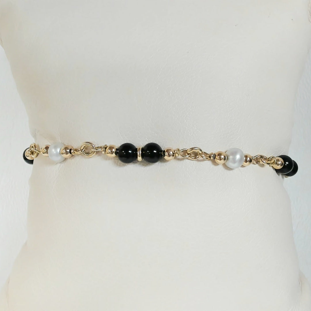 7.5" 14K Onyx & Pearl Link Bracelet