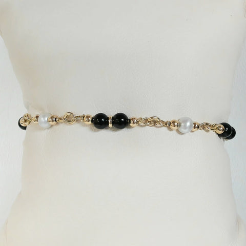 7.5" 14K Onyx & Pearl Link Bracelet