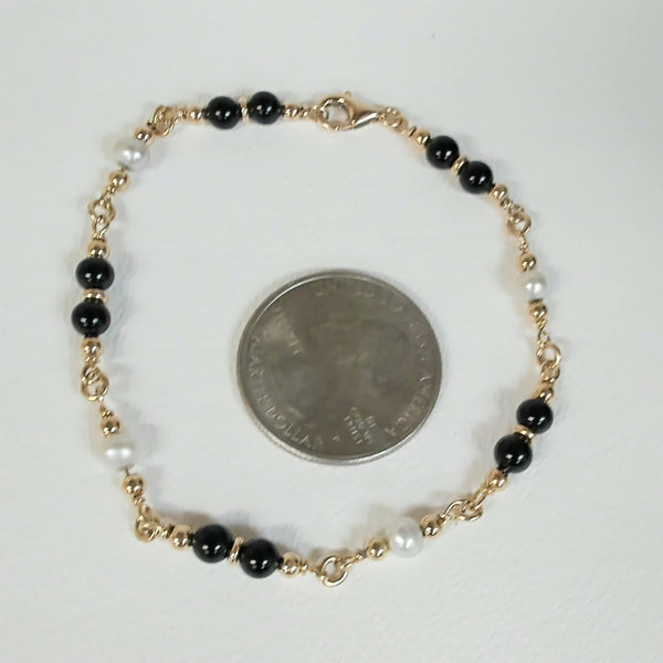 7.5" 14K Onyx & Pearl Link Bracelet