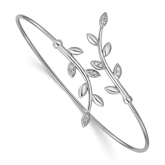 Sterling Silver Cubic Zirconia Leaf Bypass Flexible Cuff Bangle Bracelet