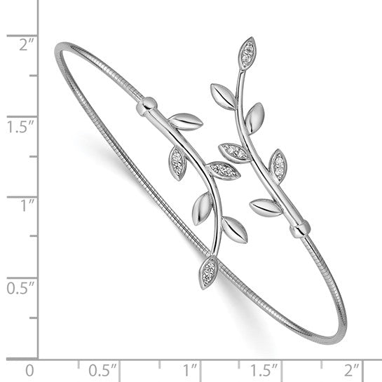 Sterling Silver Cubic Zirconia Leaf Bypass Flexible Cuff Bangle Bracelet
