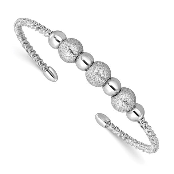Sterling Silver Polished & Radiant Bead Flexible Cuff Bangle Bracelet